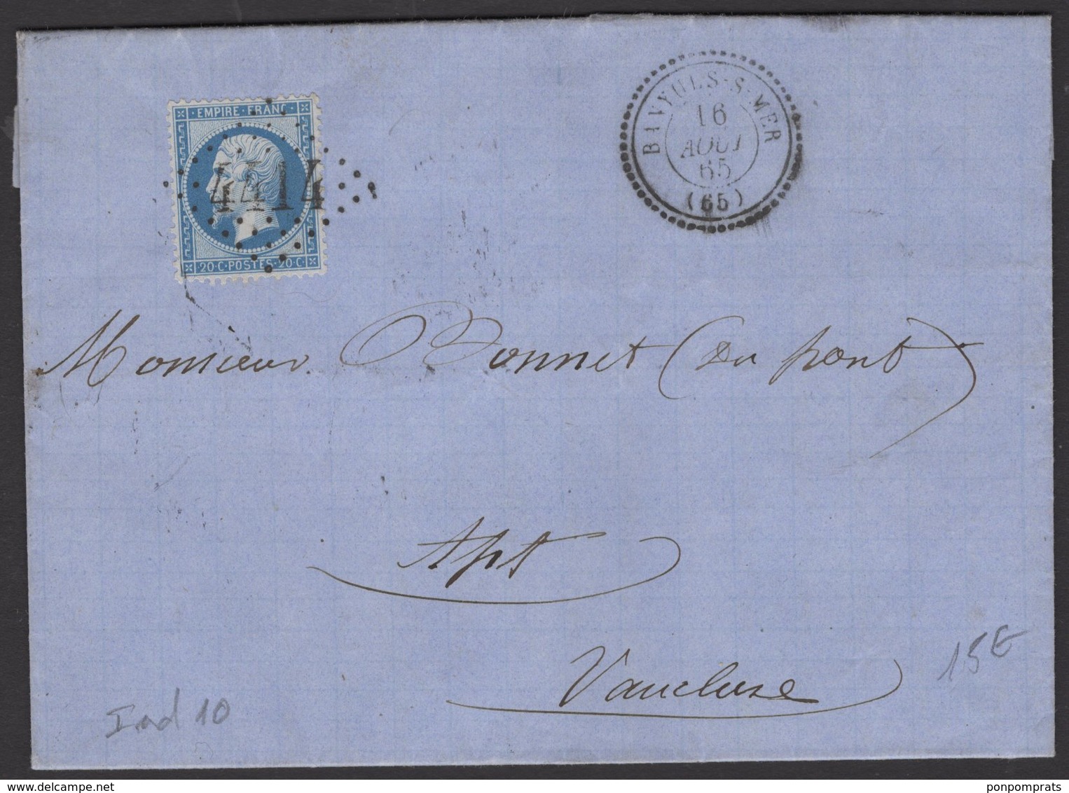 Pyrénées Orientales :Pli De 1865 Avec 20c Empire Dentelé Oblt GC 4414 + CàD Type 22 De BANYULS-S-MER - 1849-1876: Période Classique