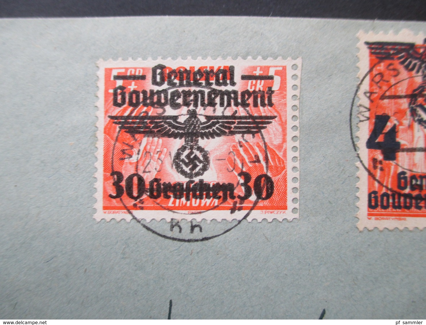 Generalgouvernement 1940 Winterhilfswerk Nr. 30 MiF Gestempelter Polnischer R-Zettel Warszawa 1 U. Stempel Warschau C1 - Occupation 1938-45