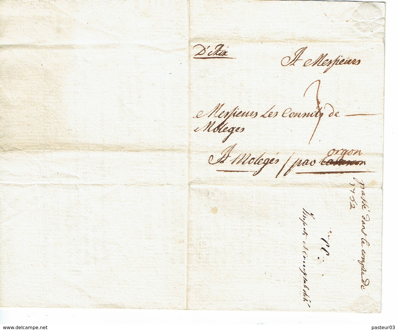 Lettre D'Aix Pour Moleges 29 Juin 1752 - 1701-1800: Précurseurs XVIII
