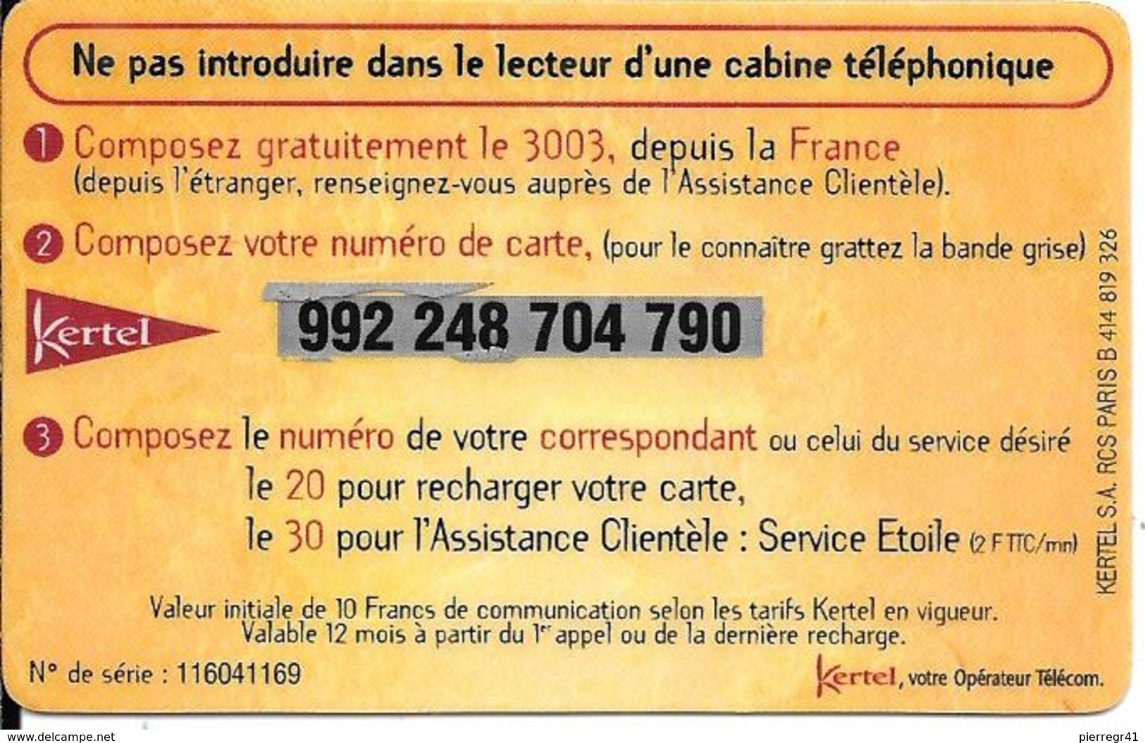 -CARTE PREPAYEE-FR-KERTEL-LA POSTE-10F-R)Escargot De Sable-V° N° Code Sur Fond Gris-V° CotéDroit Vertical Kertel--TBE- - Autres & Non Classés