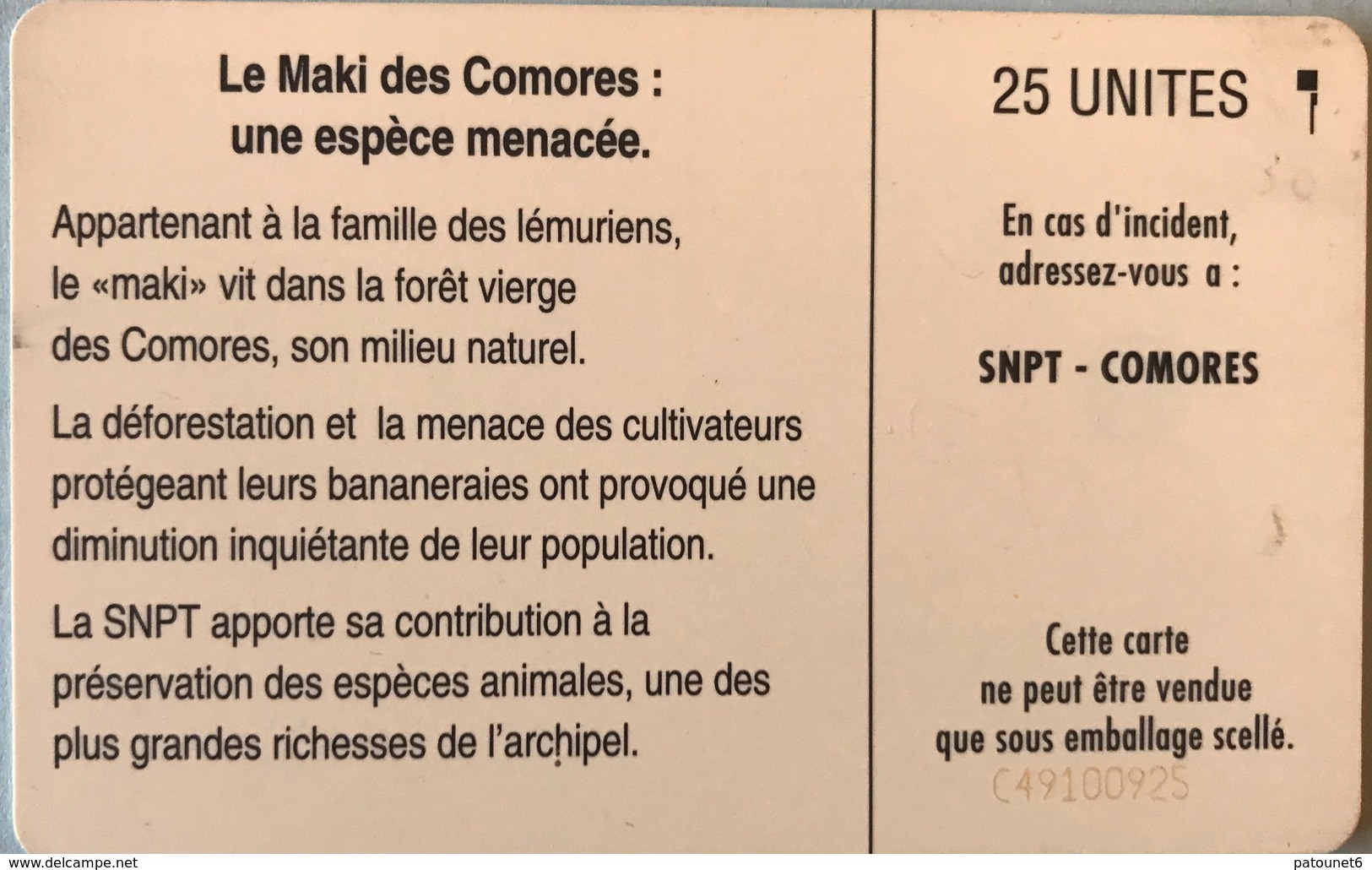 COMORES  -  Chip Card  -  SNPT Des Comores  - Maki -  SC5  - 25 Unités - Komoren