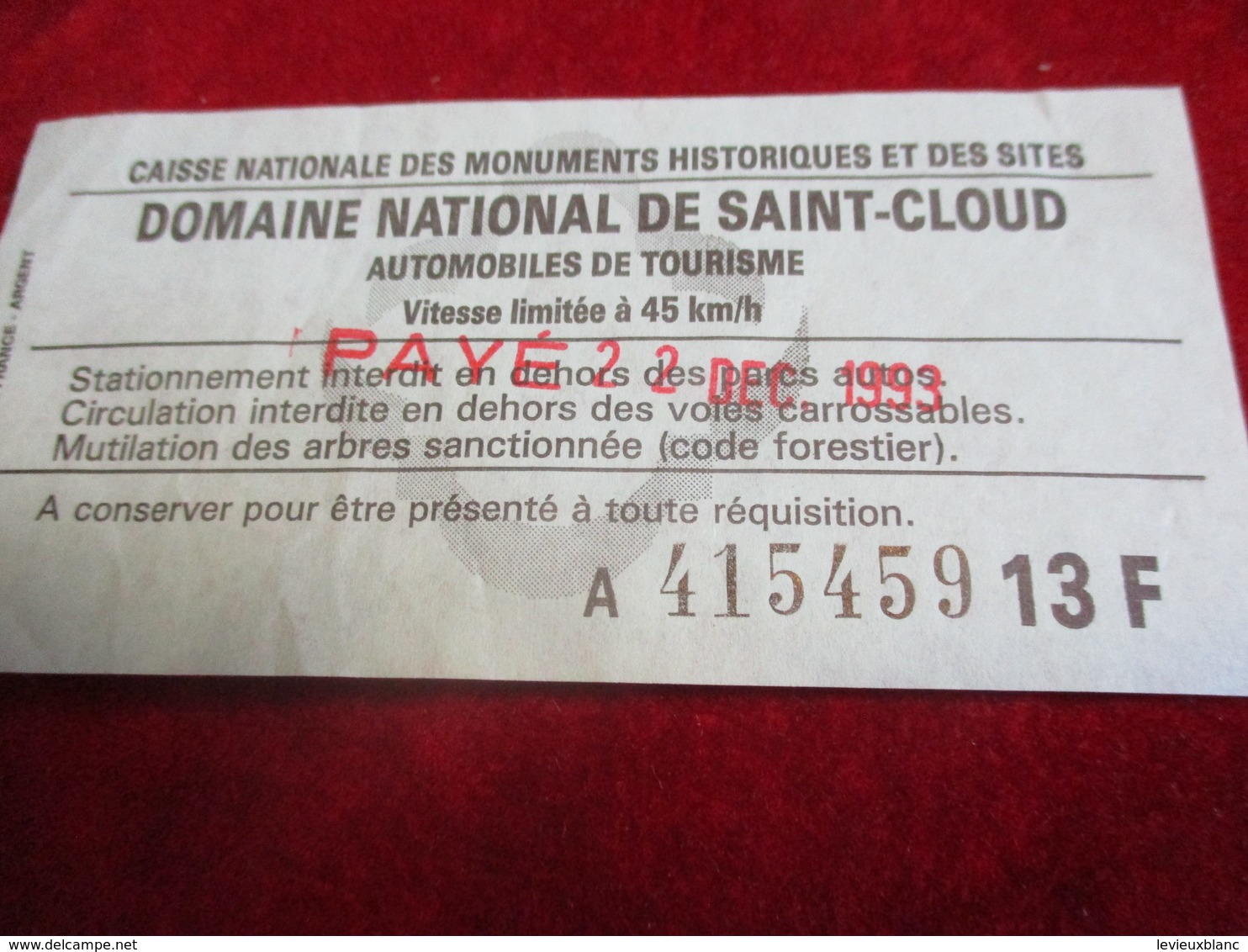 Droit D'entrée/Domaine National De Saint Cloud/Automobiles DeTourisme/Caisse Nationale Des Monuments/Moore/ 1993  TCK174 - Cycling