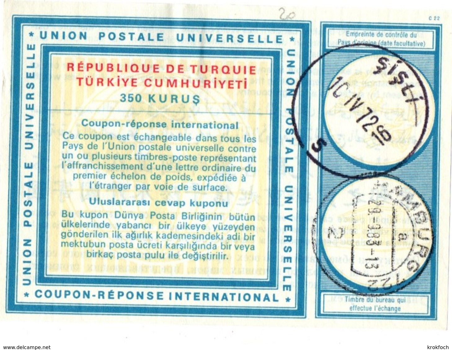 Coupon-réponse Turquie - 350 Kurus - Modèle Vienne 20 - IAS IRC CRI - Sisli 1972 Hamburg - Postal Stationery