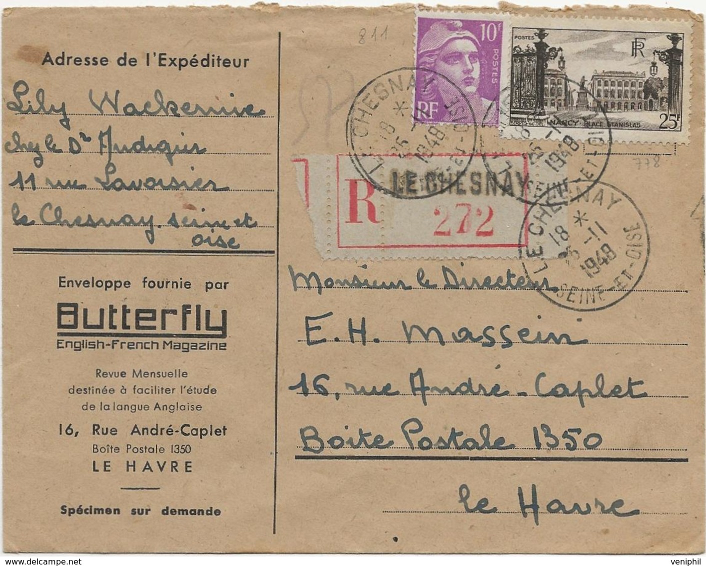 LETTRE RECOMMANDEE AFFRANCHIE N° 778 + N° 811 -OBLITEREE CAD LE CHESNAY - SEINE ET OISE -1948 - Manual Postmarks