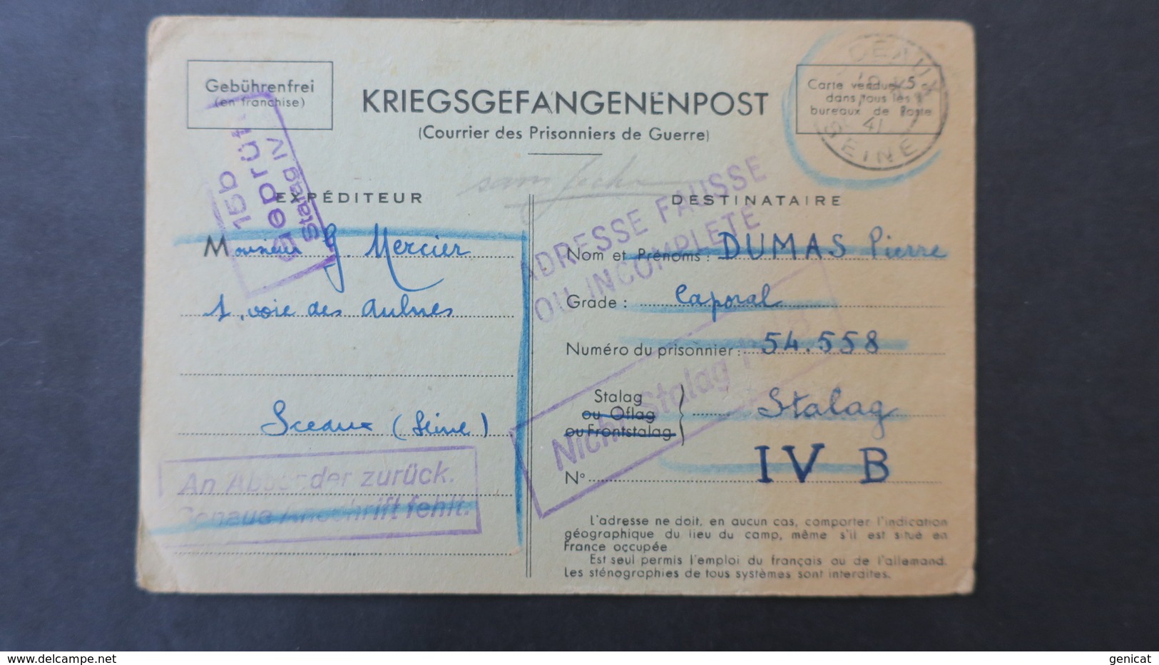 Griffe Adresse Fausse Nicht Stalag IVB Sur Carte Pour Prisonnier De Guerre 1941 - Guerre De 1939-45