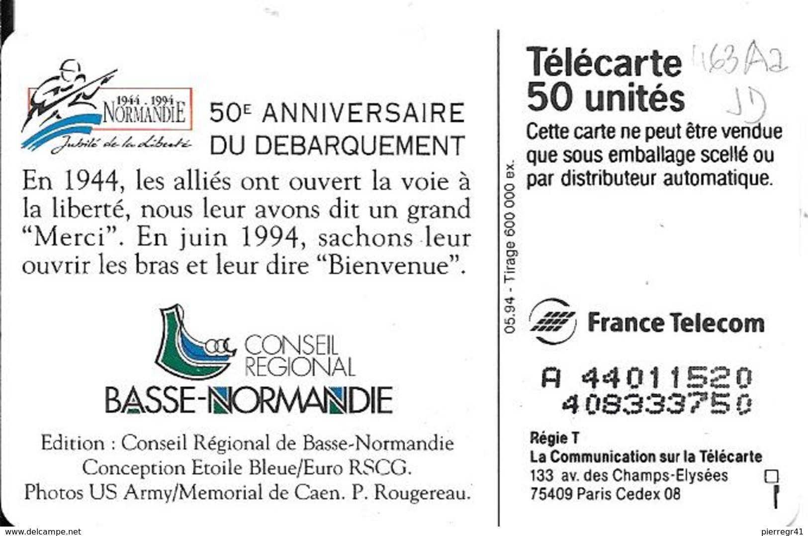 CARTE¤-PUBLIC-F463Aa-50U-05/94-SO5-DN JD-Série N°A 44011520-Débarquement-WELCOME-UTILISE-TBE-Existe 6 Séries - 1994