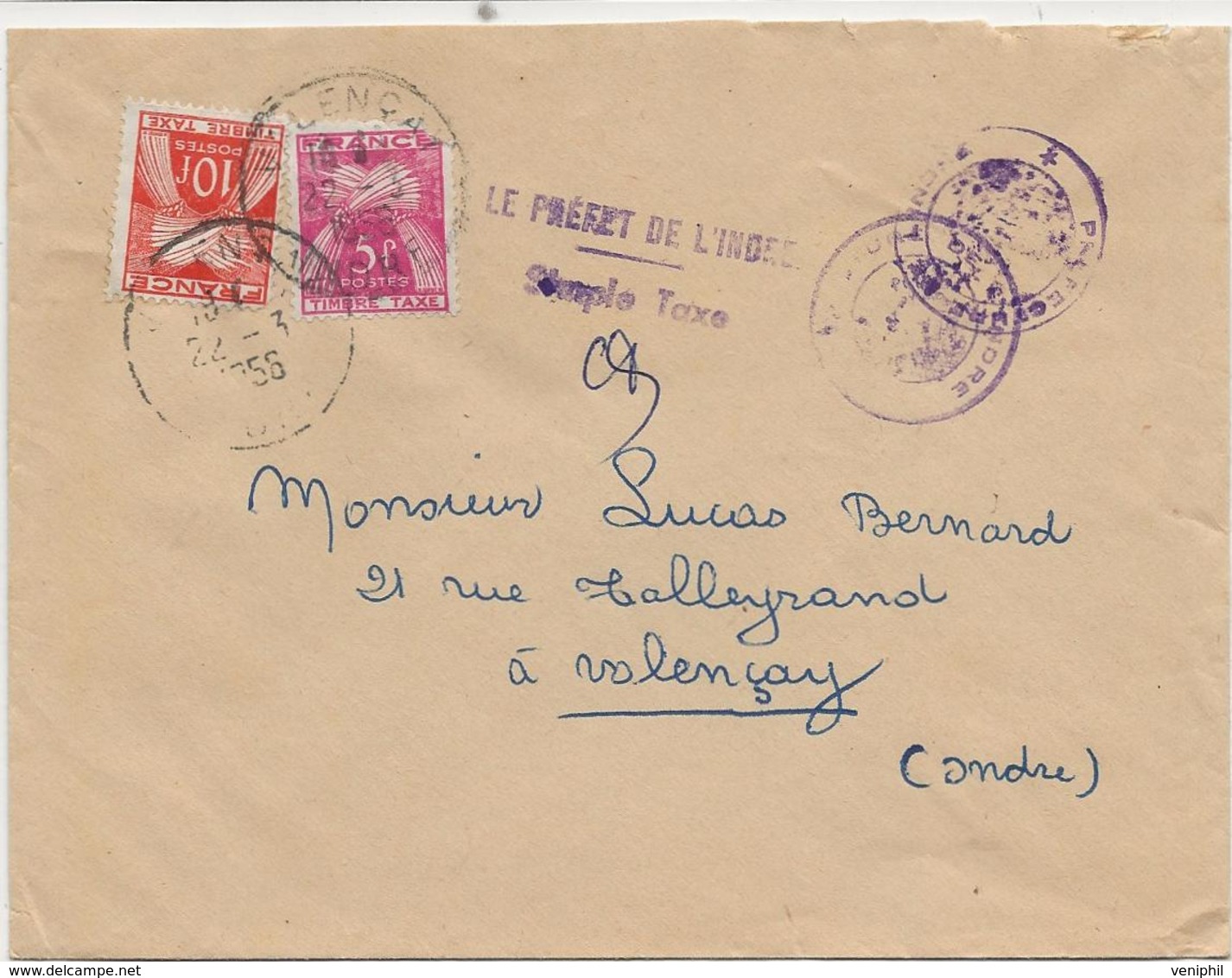 LETTRE PREFECTURE DE L'INDRE TAXEE N° 85+ N° 86 -OBLITEREE CAD VALENCAY 1956 - 1859-1959 Briefe & Dokumente