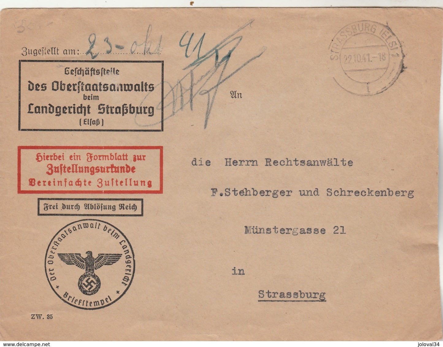 Lettre Landgericht Strassburg 22/10/1941 - Strasbourg Alsace - 2. Weltkrieg 1939-1945