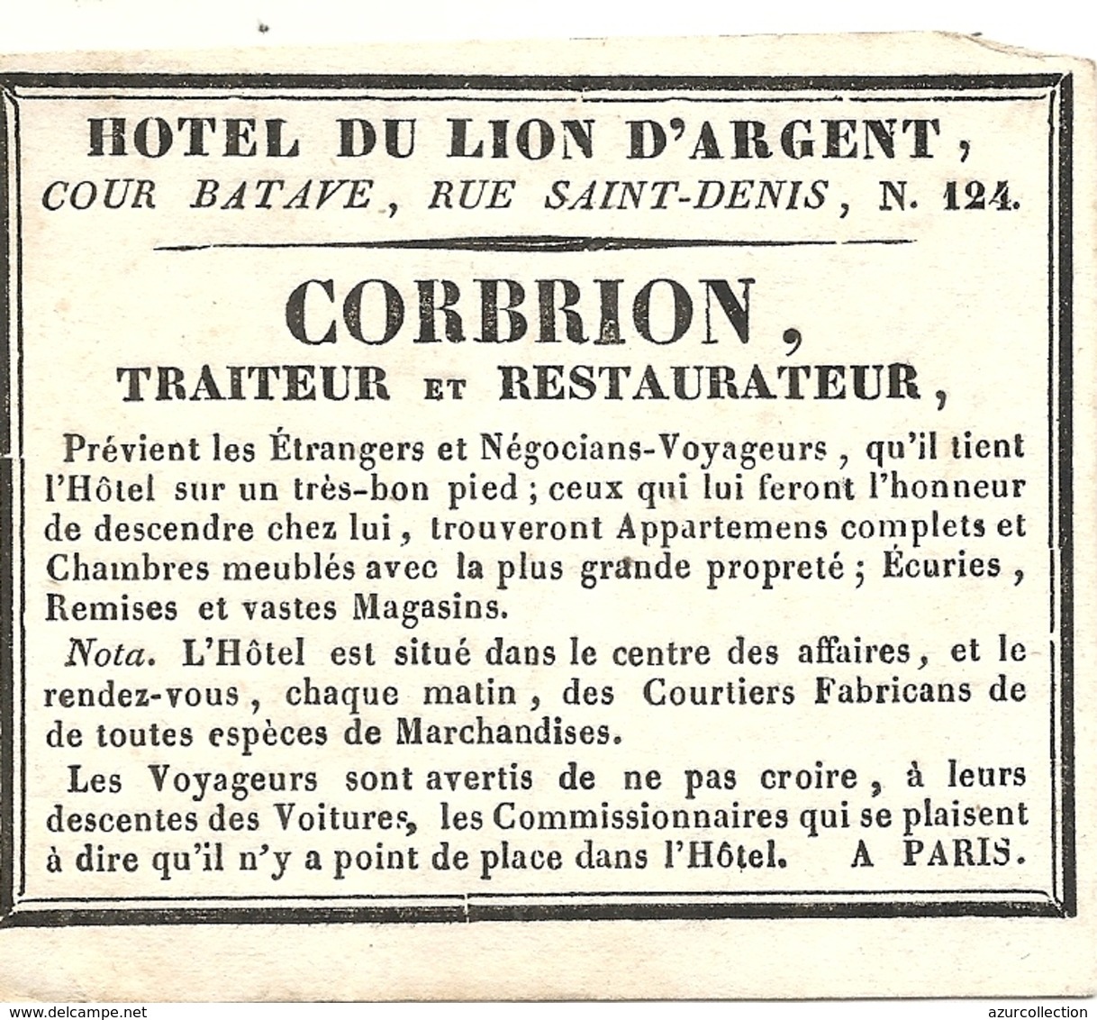 HOTEL DU LION D'ARGENT . PARIS .RARE - Publicités