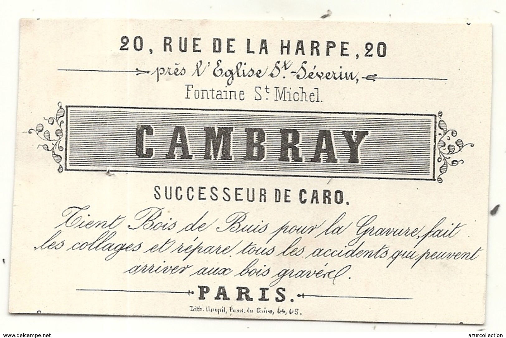 CARTE VISITE PUB . TRAVAIL DU BOIS . CAMBRAY . PARIS - Publicités