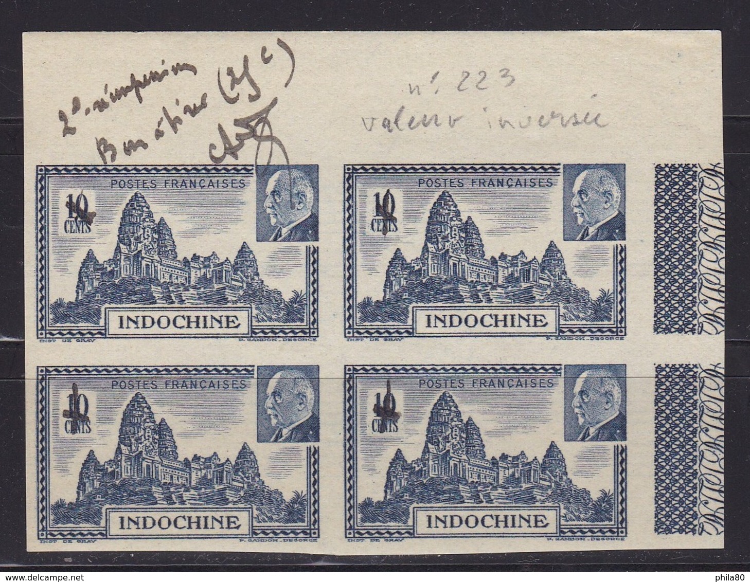 Indochine Epreuve Du N°223 En Bloc De 4 "bon A Tirer 2e Reimpression (valeur Inversée Voir N°222) - Lettres & Documents