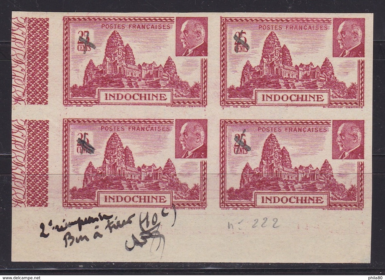 Indochine Epreuve Du N°222 En Bloc De 4 "bon A Tirer 2e Reimpression (valeur Inversée Voir N°223) - Lettres & Documents