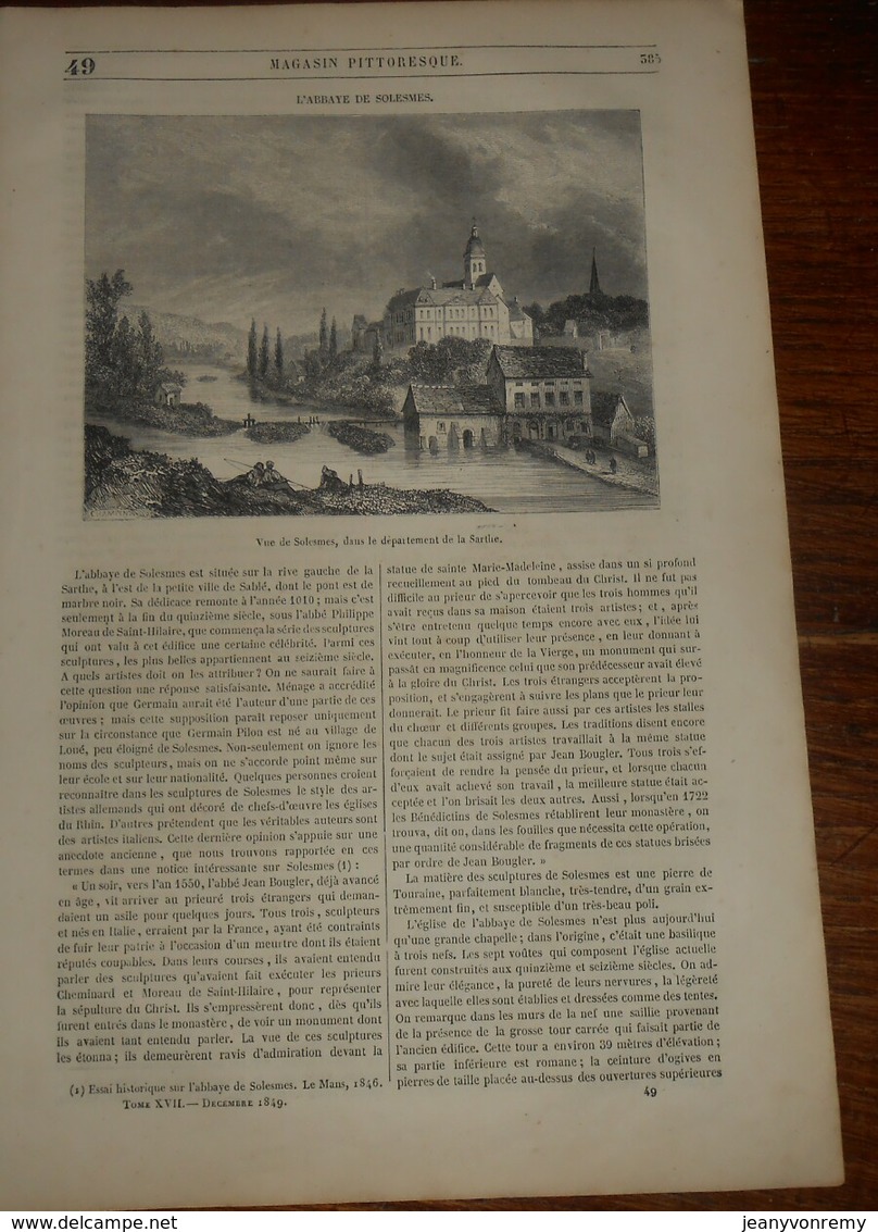 Magasin Pittoresque. Livraison N°49. L'Abbaye De Solesmes Dans La Sarthe. Anémone De Mer. Gastéropode. Patelle. 1849 - Revues Anciennes - Avant 1900