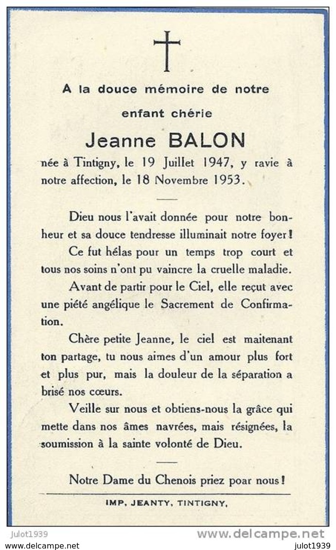 TINTIGNY ..-- Mademoiselle Jeanne BALON . Née En 1947 , Décédée En 1953 . - Tintigny