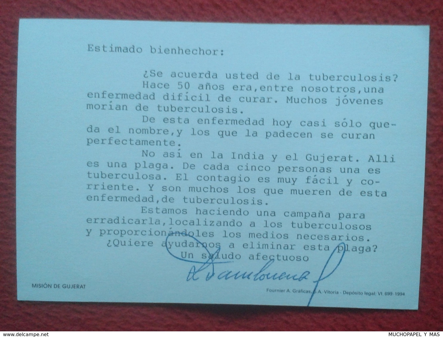 SPAIN TARJETA TIPO POSTAL CON ESCRITO EN REVERSO FOURNIER MISIÓN DE GUJERAT INDIA PAKISTÁN ? TUBERCULOSIS TUBERCULOSE... - Religión & Esoterismo