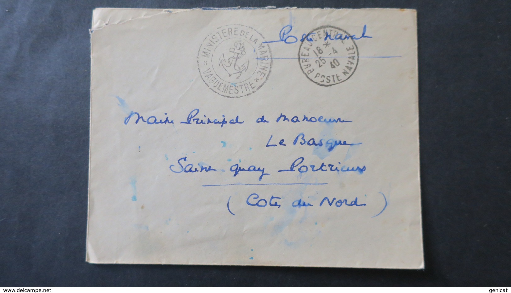 Lettre En Franchise Obl. Bureau Central Poste Navale Avril 1940 Ministere De La Marine Pour Les Cotes Du Nord - Guerre De 1939-45