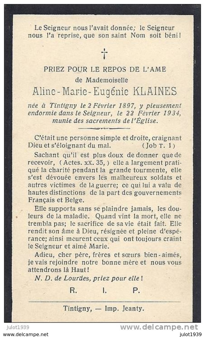 TINTIGNY ..-- Mademoiselle Aline KLAINES , Née E 1897 , Décédée En 1934 . - Tintigny