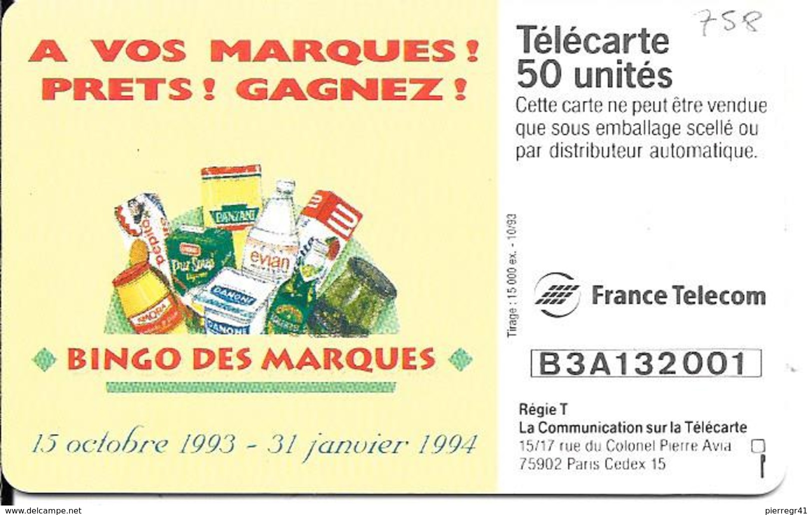 CARTE-PUCE-PRIVEE-PUBLIC- 50U-EN 758-GEMA-10/93-BINGO Des MARQUES-Blachon- V° Série 2001-Utilisé Reste 35u-TBE - 50 Unités   