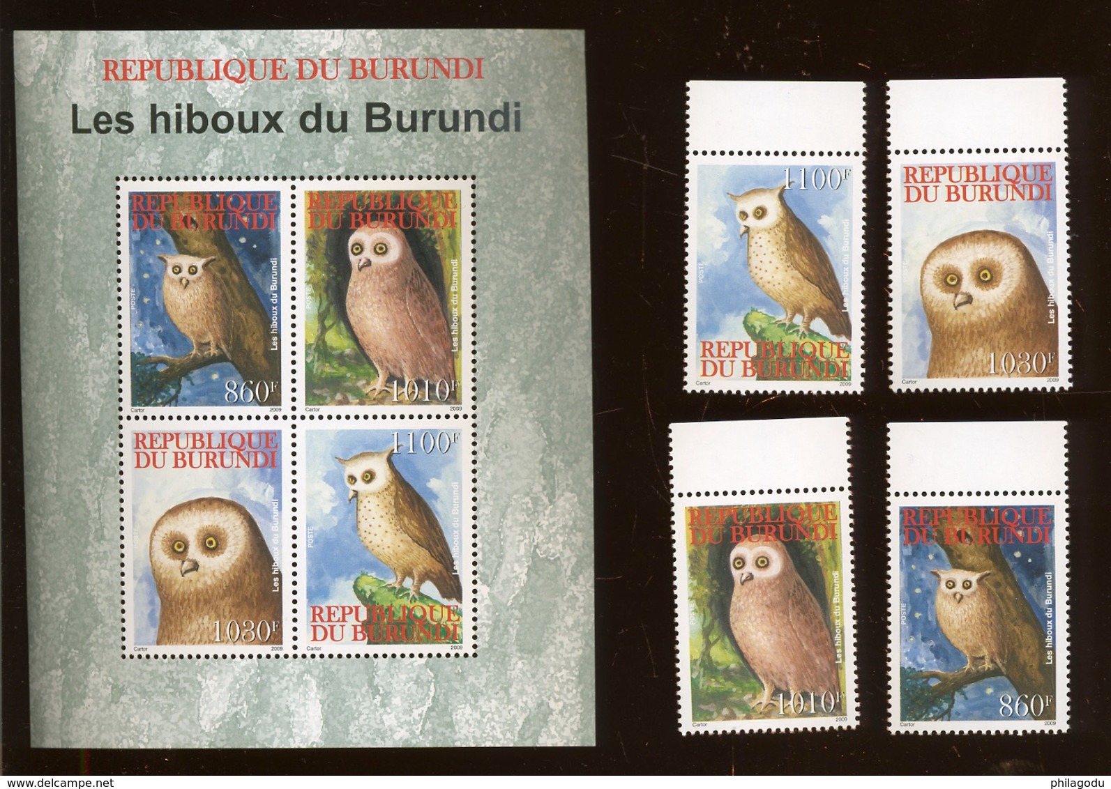 2009. 4 Val Burundi Et Bloc. OISEAUX DE PROIE.  Cote 90,00 Euros   Prey Birds. OWL.  Hiboux Chouettes - Nuovi