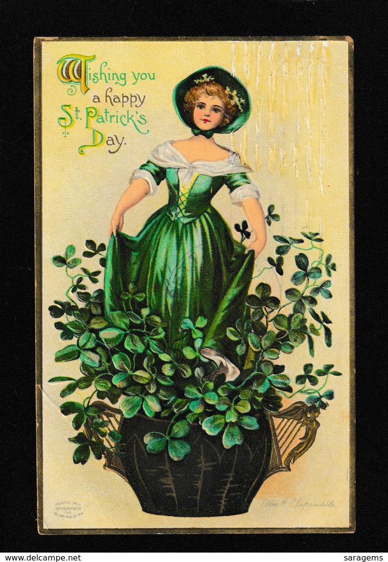 Ellen Clapsaddle Signed-Pretty Young Girl "A"Wishing You A Happy St.Patrick's Day" 1911 - Antique Postcard - Clapsaddle