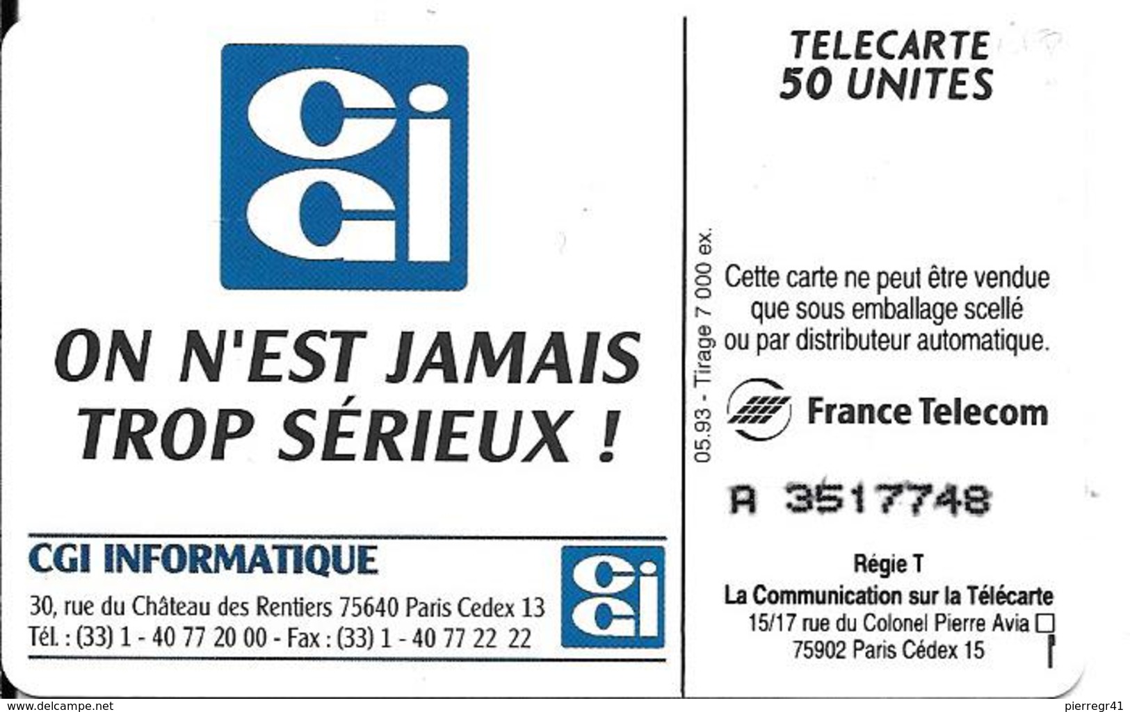 CARTE-PUCE-PRIVEE-PUBLIC- 50U-EN 658-SO3-05/93-CGI INFORMATIQUE-R°Mat-Utilisé-TBE-LUXE - 50 Unità  