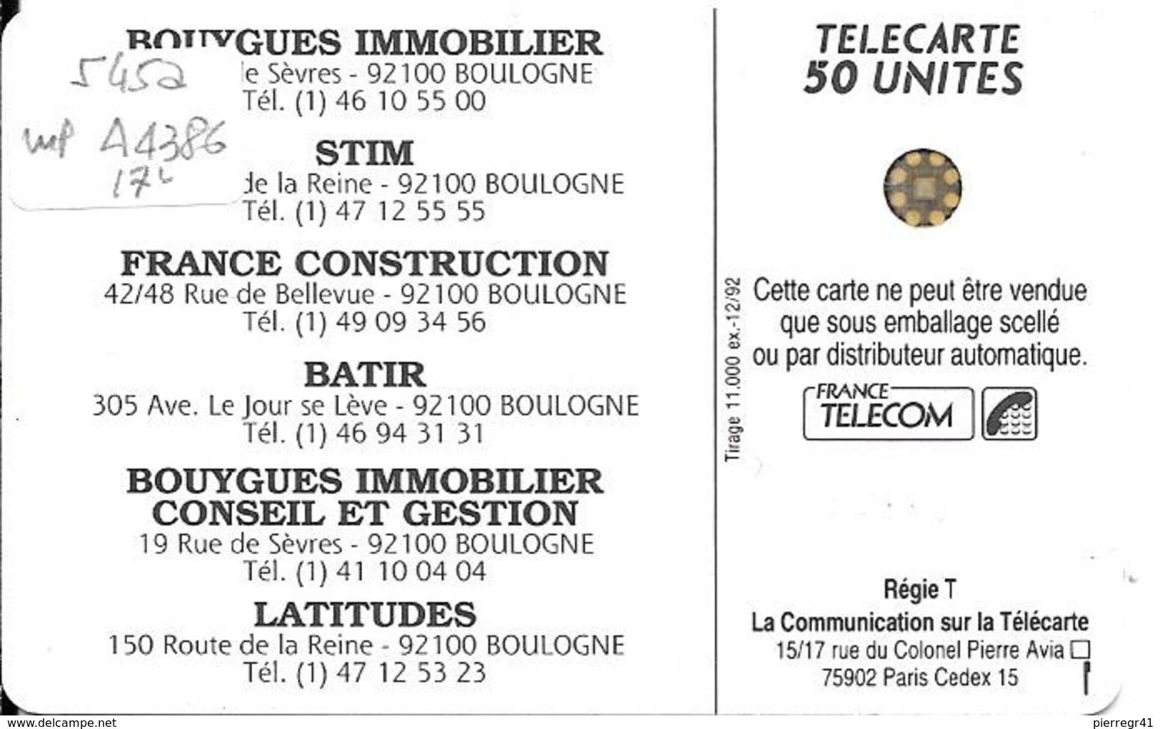 CARTE-PUCE-PRIVEE-PUBLIC- 50U-EN545a-SC4-12/92-BOUYGUES-V°Imp 44386-Utilisé-TBE-LUXE - 50 Unités   