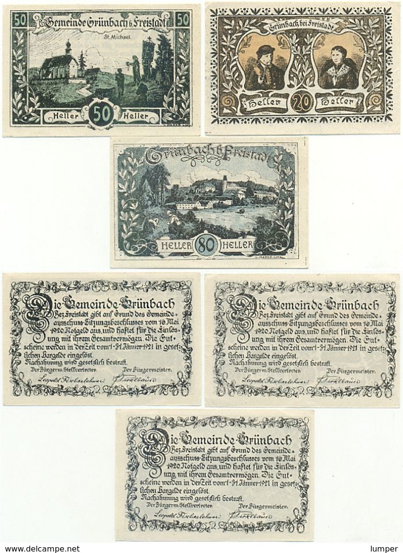 Grünbach Bei Freistadt, 3 Scheine Notgeld 1920, Kirche, Trachten, Österreich - Oesterreich