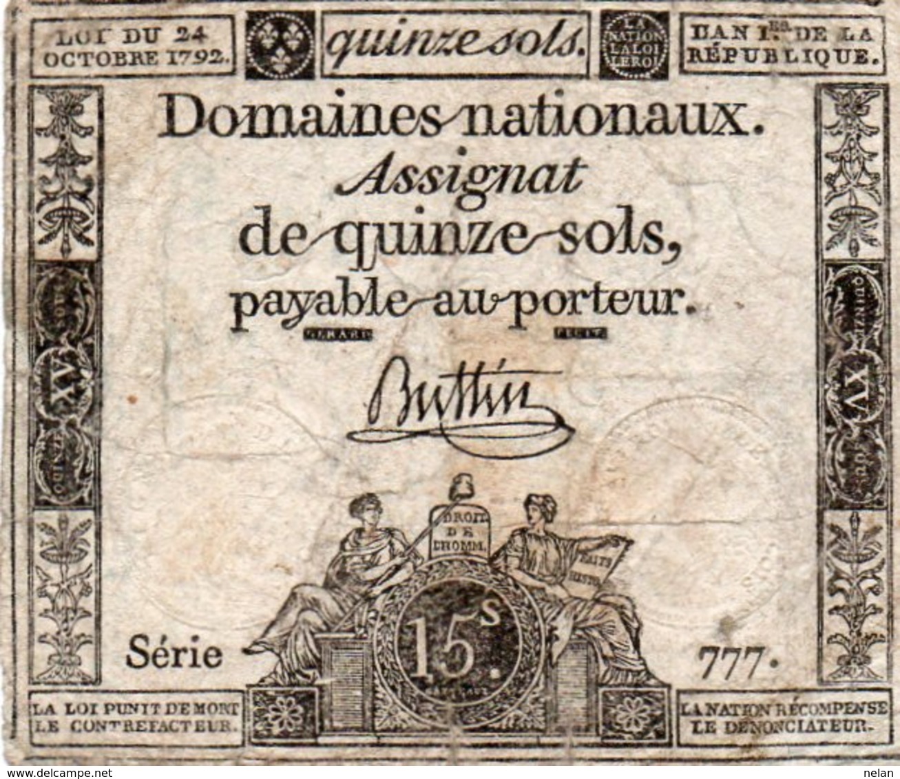 FRANCIA  ASSIGNAT 15 SOLS 1792 P-A54  SERIE 777 - ...-1889 Francos Ancianos Circulantes Durante XIXesimo