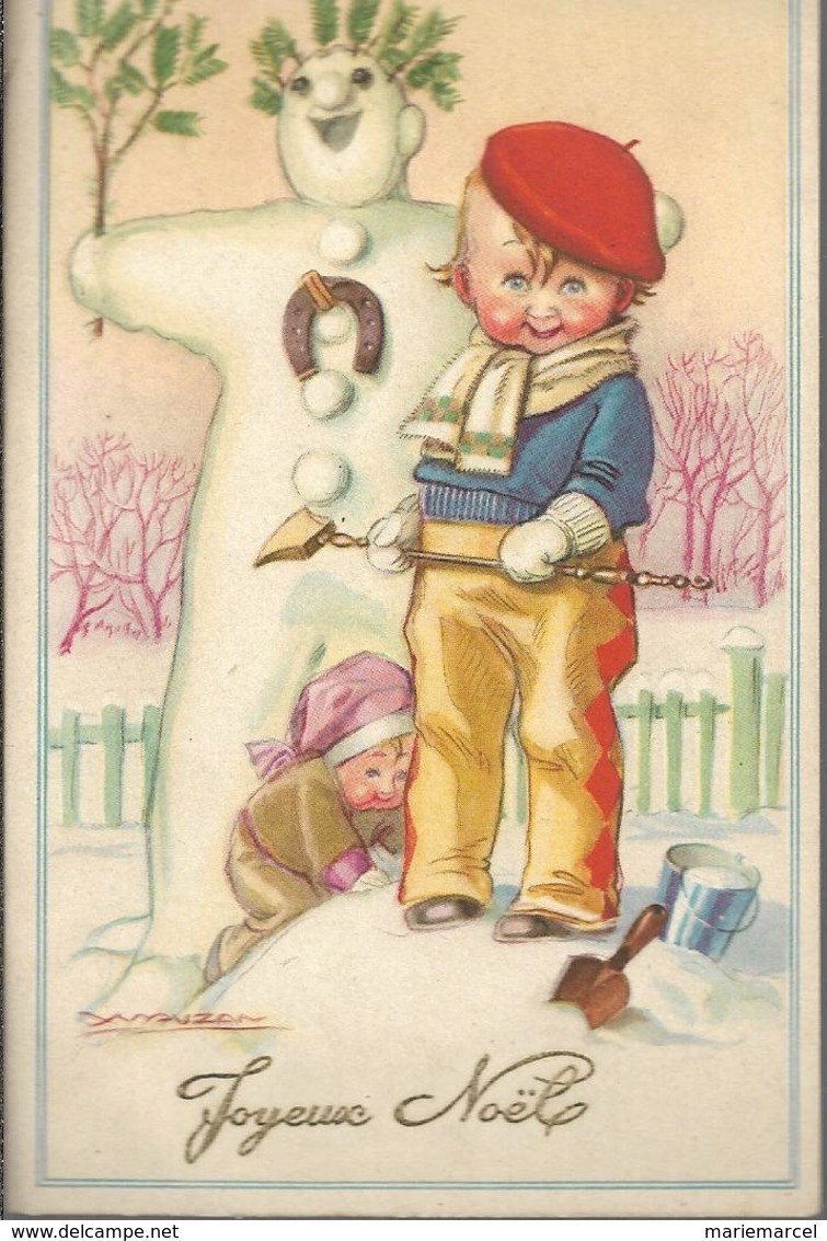 ILLUSTRATEUR : MAUZAN - JOYEUX NOËL - ENFANTS - BONHOMME DE NEIGE - Mauzan, L.A.