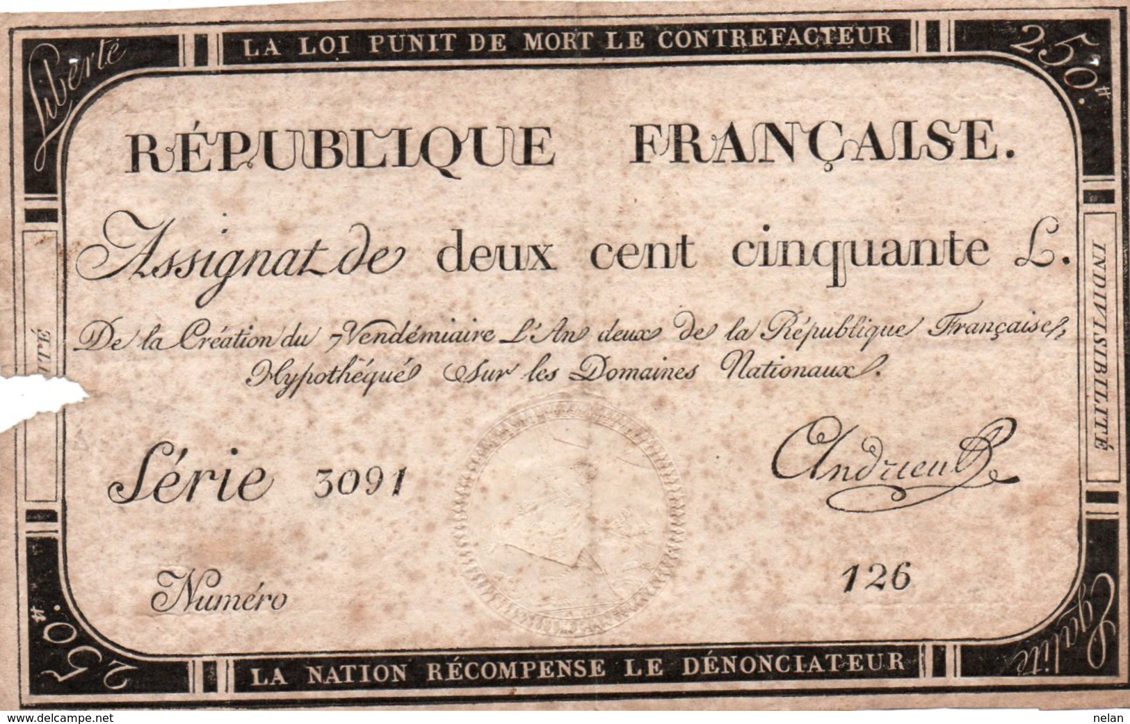 FRANCIA  ASSIGNAT 250 FRANCS 1793 P-A 75 - ...-1889 Anciens Francs Circulés Au XIXème