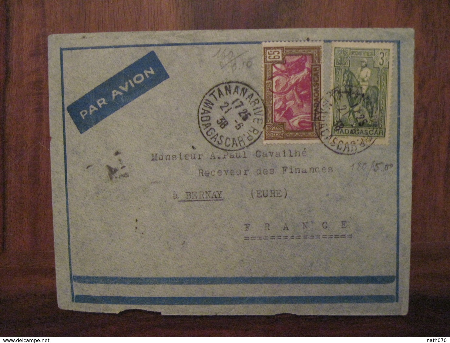 Madagascar 1938 France Lettre Enveloppe Cover Colonie Par Avion Air Mail Bernay 3f - Cartas & Documentos