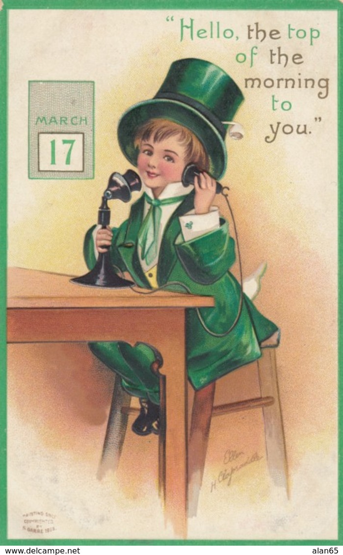 Signed Clapsaddle St. Patrick's Day Greetings, Boy In Green Old Telephone C1900s/10s Vintage Postcard - Saint-Patrick's Day