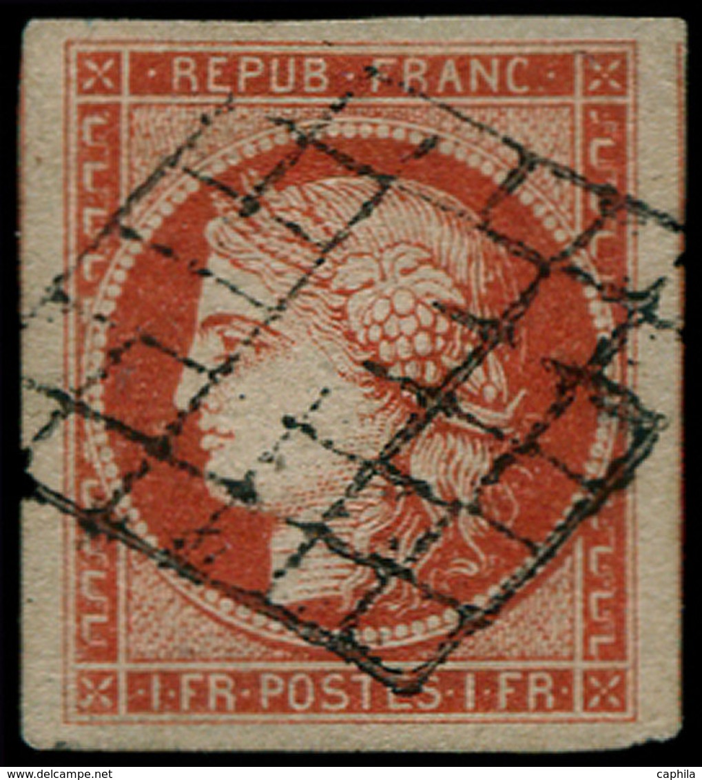 O FRANCE - Poste - 7, Vermillon Vif, Oblitération Grille, Légère Réparation Angle Supérieur Droit, Certtificat Robineau, - 1849-1850 Cérès