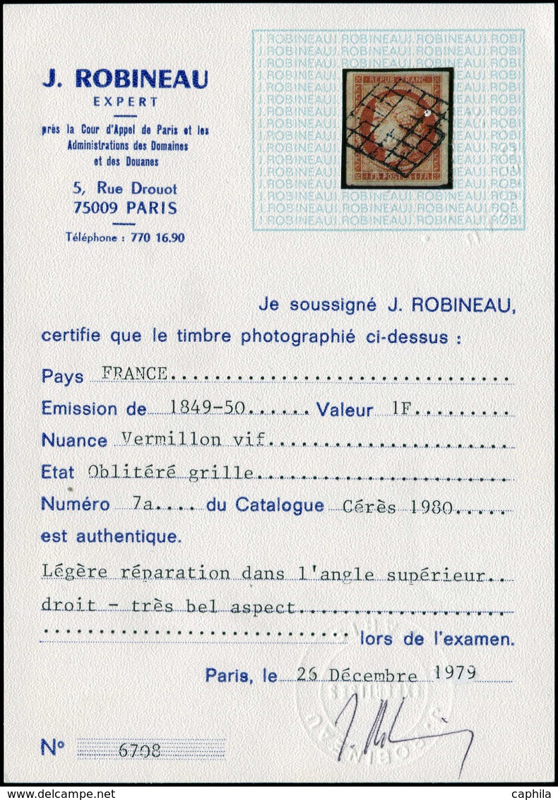 O FRANCE - Poste - 7, Vermillon Vif, Oblitération Grille, Légère Réparation Angle Supérieur Droit, Certtificat Robineau, - 1849-1850 Ceres