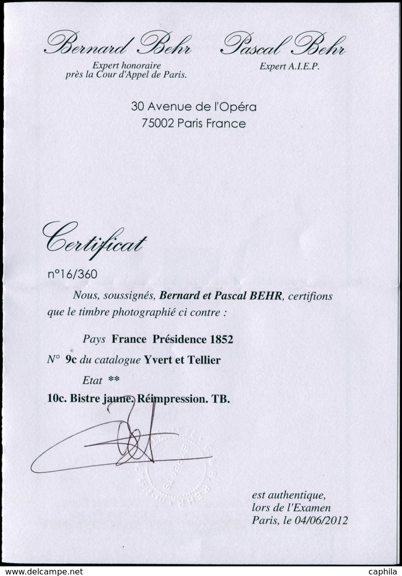 ** FRANCE - Poste - 9e, Réimpression De 1862, Signé + Certificat Behr: 10c. Bistre-jaune - 1849-1850 Ceres