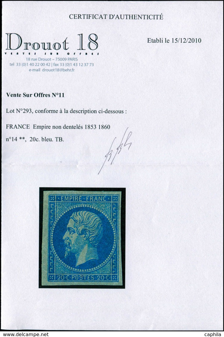 ** FRANCE - Poste - 14A, Type I, Certificat Behr: 20c. Bleu - 1849-1850 Cérès