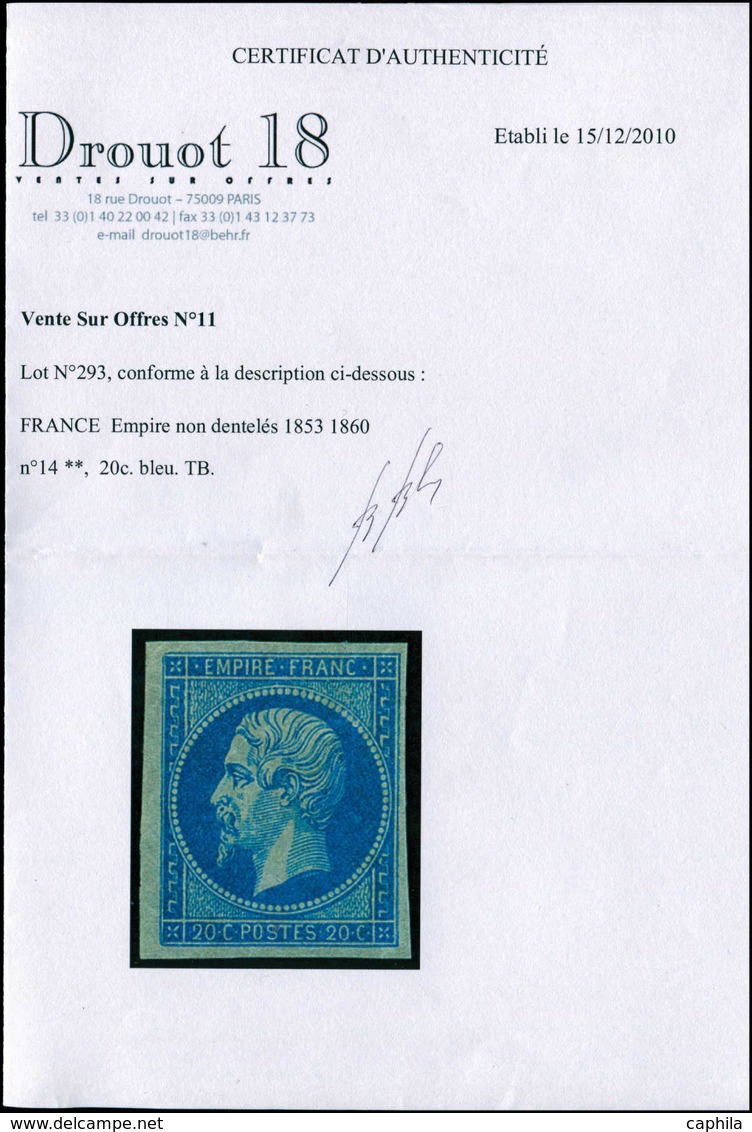 ** FRANCE - Poste - 14A, Type I, Certificat Behr: 20c. Bleu - 1849-1850 Ceres