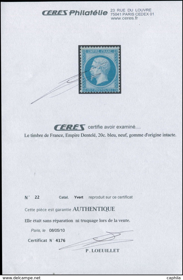 ** FRANCE - Poste - 22, TB, Certificat Cérès: 20c. Bleu - 1849-1850 Ceres