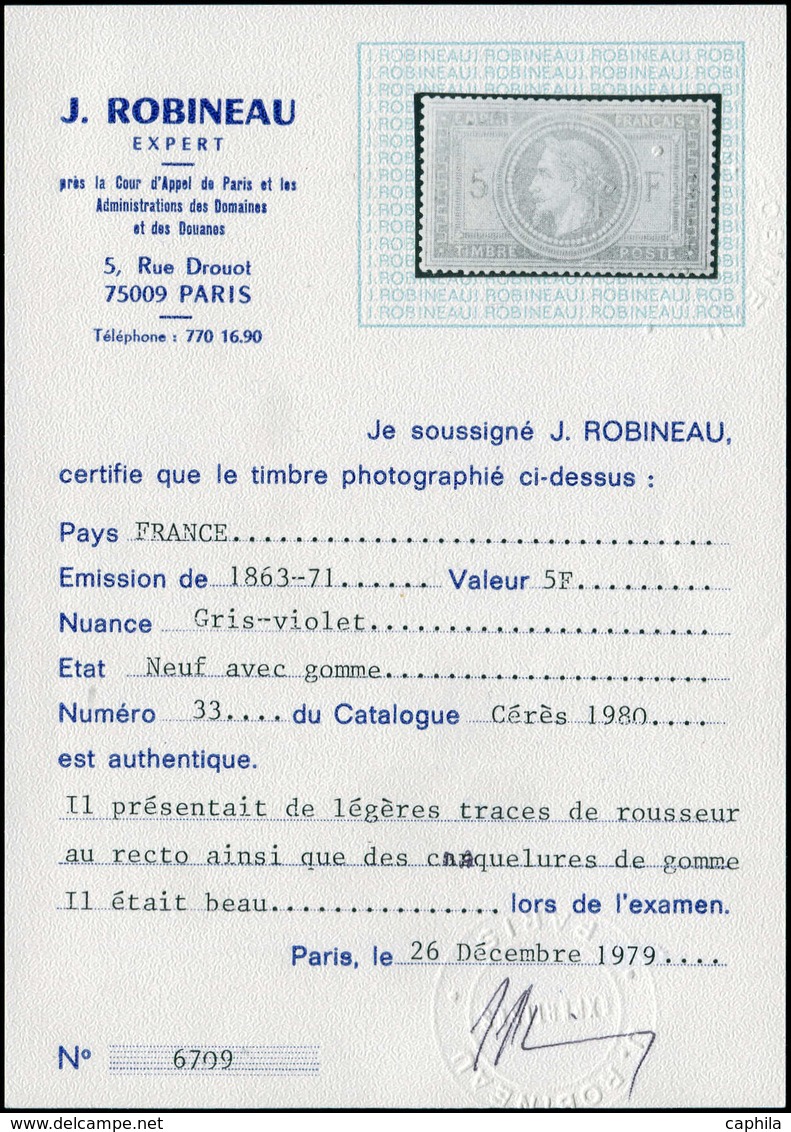 * FRANCE - Poste - 33, Légères Rousseurs + Craquelure De Gomme, * Forte, Certificat Robineau - 1849-1850 Cérès