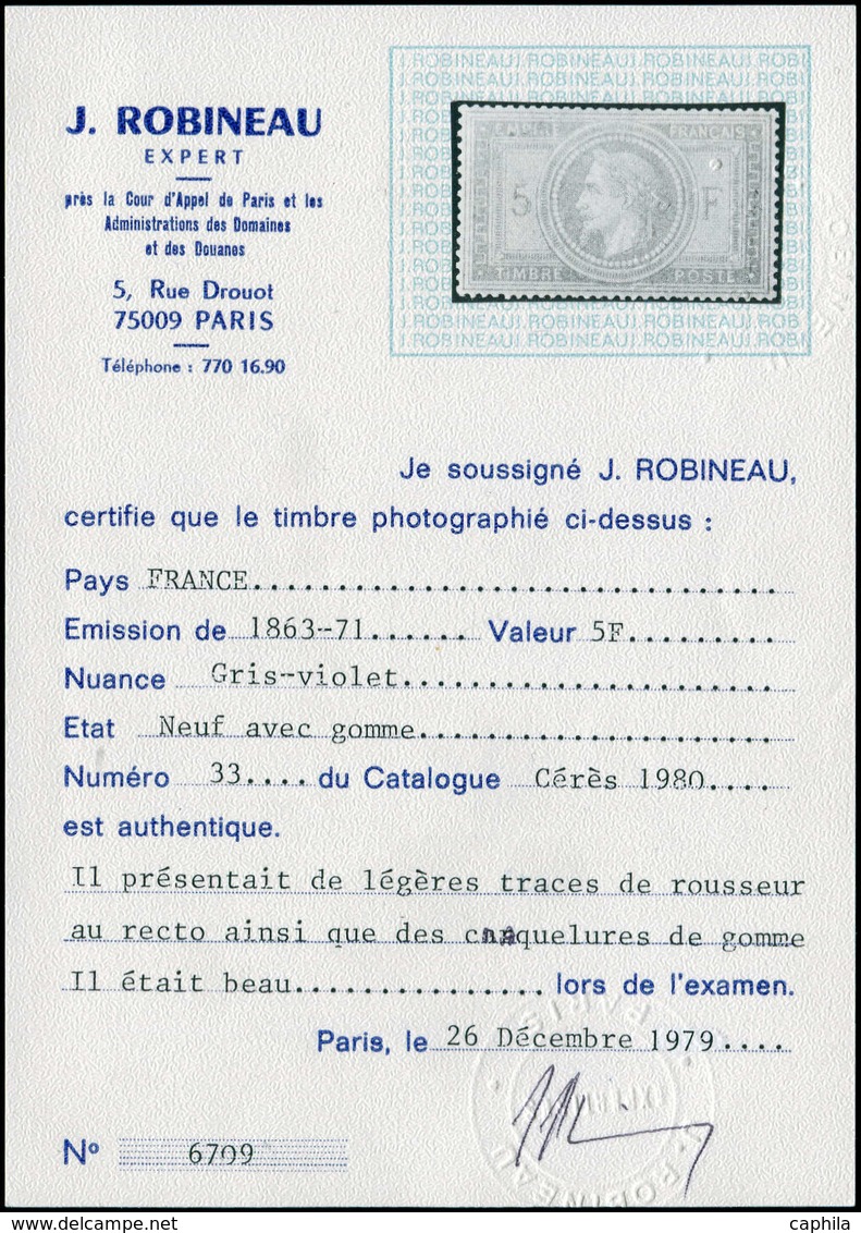 * FRANCE - Poste - 33, Légères Rousseurs + Craquelure De Gomme, * Forte, Certificat Robineau - 1849-1850 Ceres