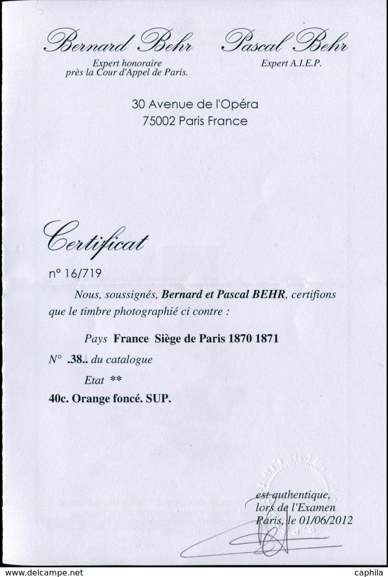 ** FRANCE - Poste - 38, Signé + Certificat Behr, TB: 40c. Orange Foncé - 1849-1850 Cérès