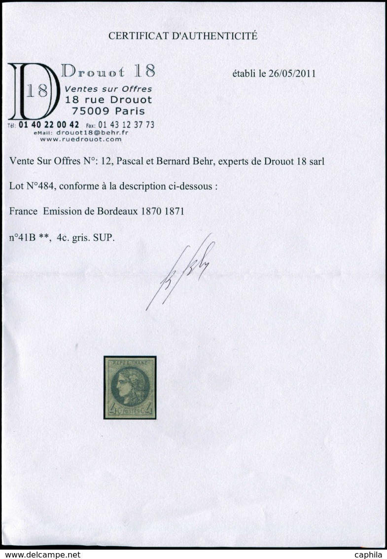 ** FRANCE - Poste - 41B, Signé + Certificat Behr - 1849-1850 Cérès