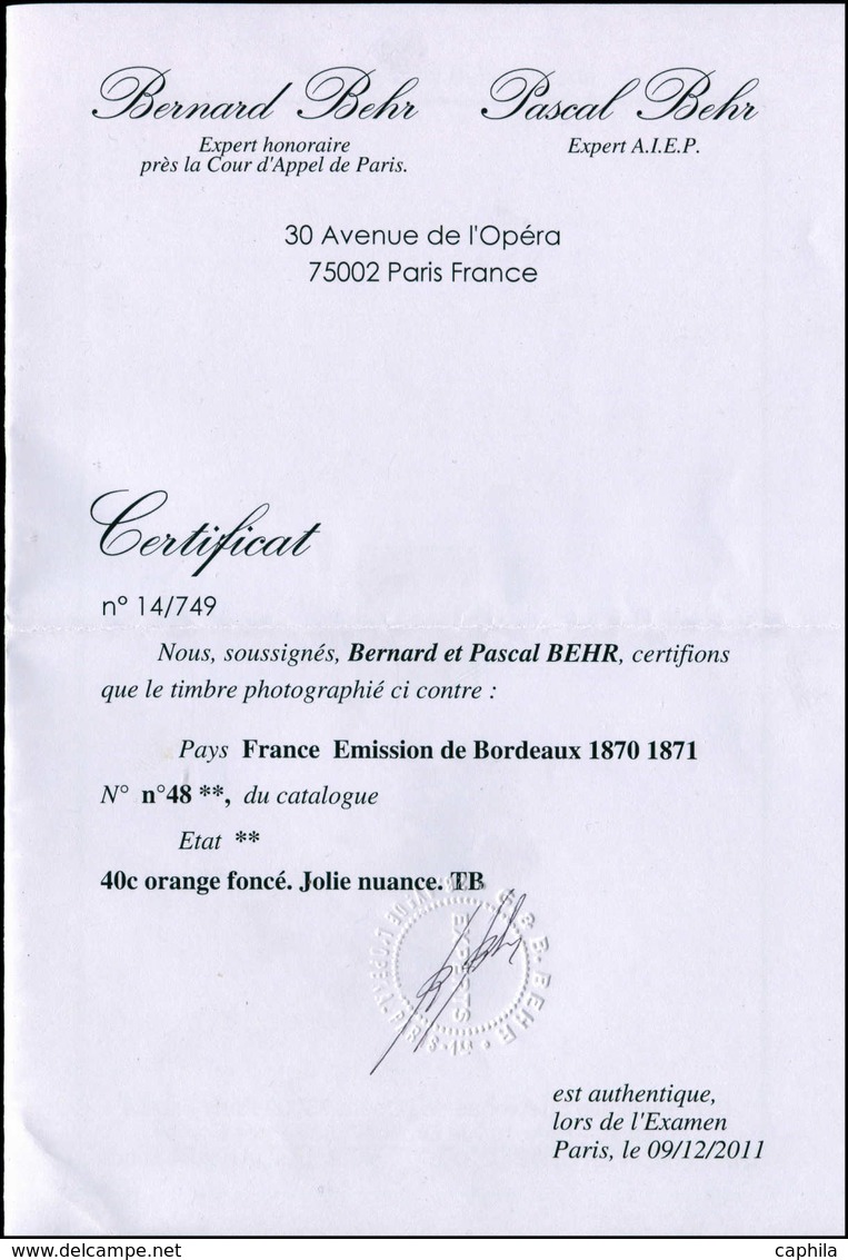 ** FRANCE - Poste - 48, Signé Calves + Certificat Behr: 40c. Orange Foncé - 1849-1850 Cérès