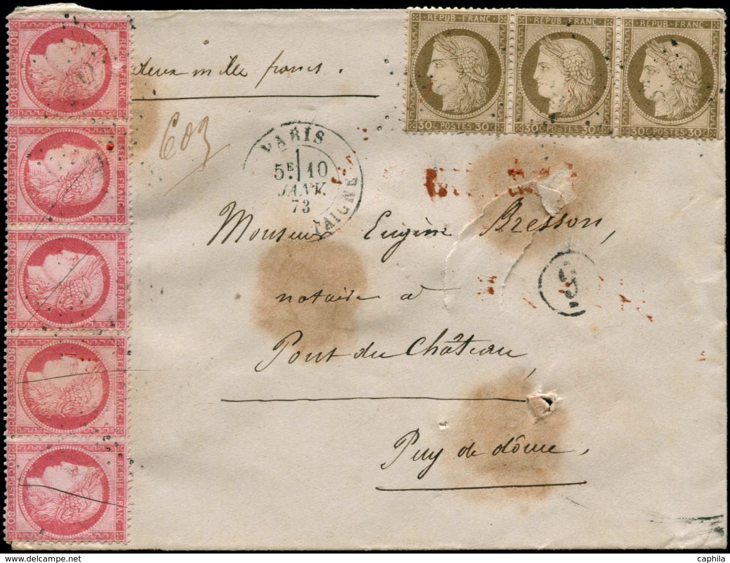 FRANCE - Poste - Lettre Chargée à 4.90f. De Paris Rue Montaigne Pour Port Au Château (Puy De Dôme), Affranchie N° 57 Ban - 1849-1850 Cérès