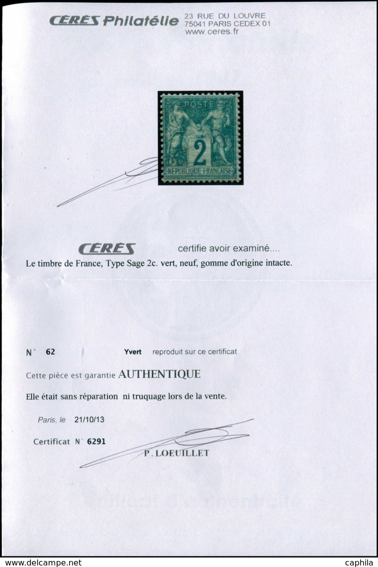 ** FRANCE - Poste - 62, Signé Scheller + Certificat Cérès, TB: 2c. Vert - 1849-1850 Cérès
