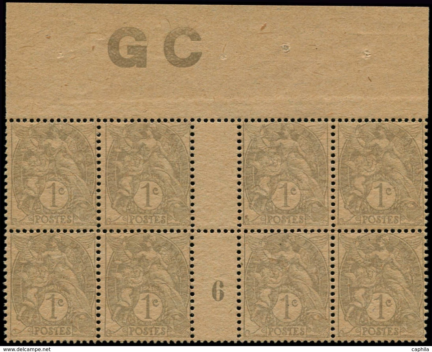 ** FRANCE - Poste - 107, Type IB Bloc De 8, Millésime "6", Manchette GC Chamois: 1c. Blanc - 1849-1850 Cérès