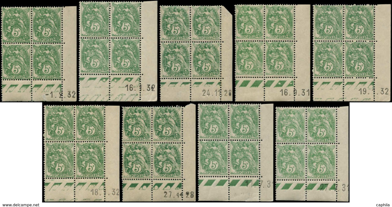 ** FRANCE - Poste - 111, Ensemble De 12 Blocs De 4, Cd. Différents (1928/32): 5c. Blanc - 1849-1850 Cérès