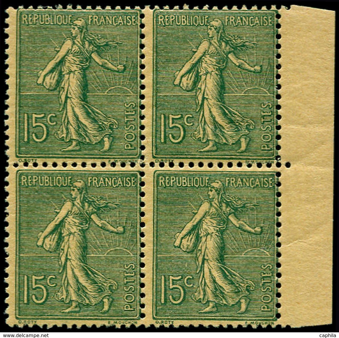 ** FRANCE - Poste - 130, Couleur Non émise Vert Sur Papier Jaune Indien, Bloc De 4, Bdf, (paire Supérieure **): 15c. Sem - 1849-1850 Cérès