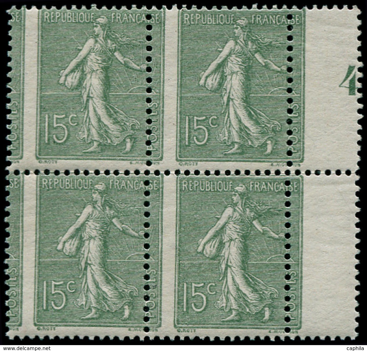 ** FRANCE - Poste - 130, Bloc De 4, Piquage à Cheval, Bdf Avec Millésime "4": 15c. Semeuse Vert (Spink) - 1849-1850 Cérès