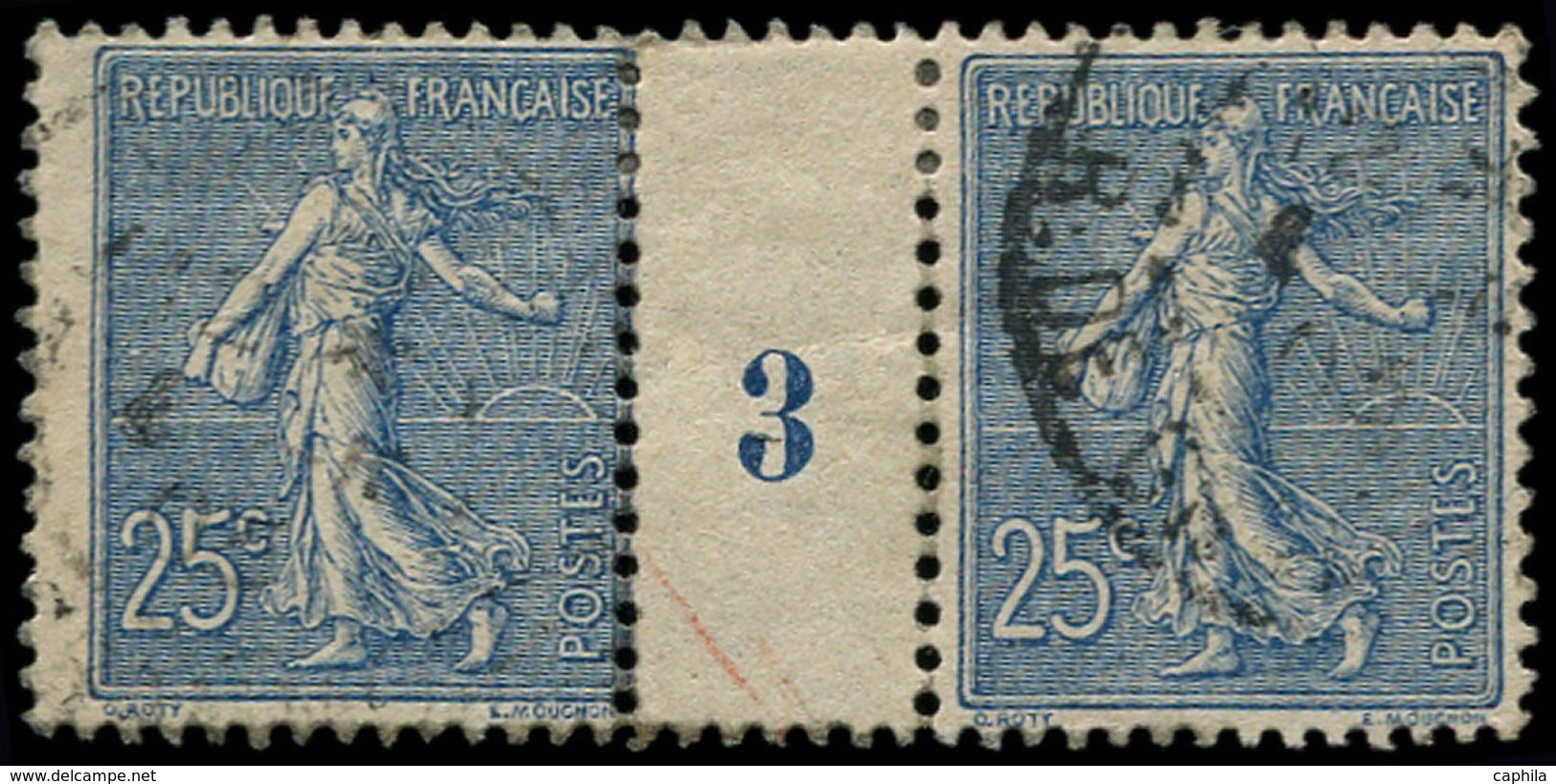 O FRANCE - Poste - 132, Paire Millésime "3": 25c. Semeuse Lignée Bleu - 1849-1850 Cérès